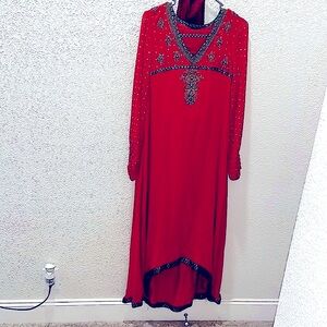 Rust and Maroon High Low Gown with Embellished Bishop Sleeves